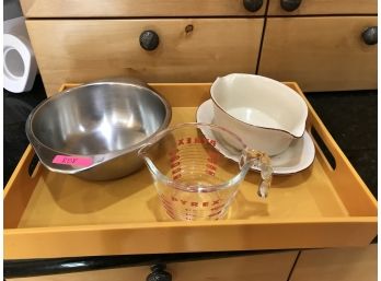 Pyrex Measuring Cup, Metal Bowl With Tabs, Yellow Orange Lab Tray, And White Dish With Platter