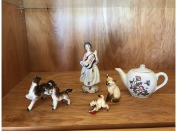 Collection Of Vintage Ceramic Small Figurines Featuring A Couple Of Cats, Horses, Women, And Tea Pot