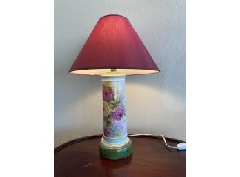 Tall Porcelain Bedside Lamp With Painted Roses Motif And Burgundy Lampshade
