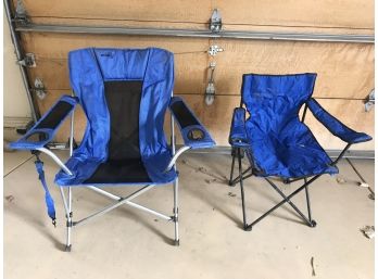 Two Blue Collapsible Lightweight Yard Chairs