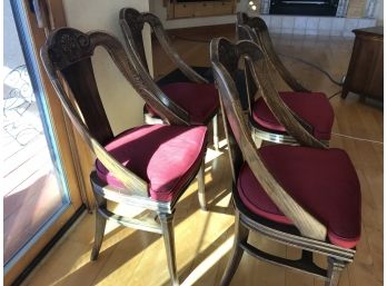 Set Of 6 Vintage  Wooden Carved Chairs With Burgundy Seat Pads