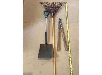 Leaf Rake, Flat Shovel, And Garden Shears