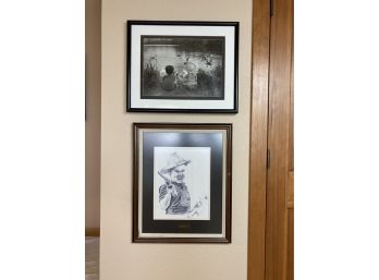Two Large Framed Pictures Including An Illustration Of A Young Cowboy And Two Kids Cuddling
