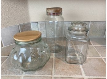 Three Large Clear Glass Display Containers