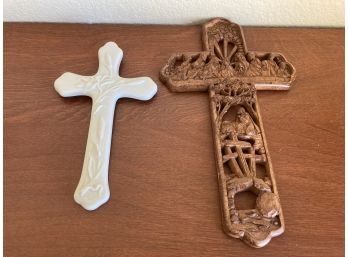 Two Very Ornate Crosses, One Appears To Be Carved With Image Of Last Supper, Garden Of Gethsemane, & Easter