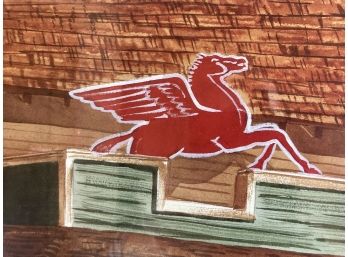 Big Framed Artist Proof Painting Print Of Vintage Gas Station Titled 'flying Ride Horse'
