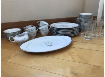Nice Set Of White China With Silver Detail And Wheat Motif With Tea Cups And Glasses