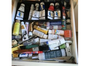 Contents Of Two Drawers Full Of Miscellaneous Paint And Craft/repair Glue's And Such