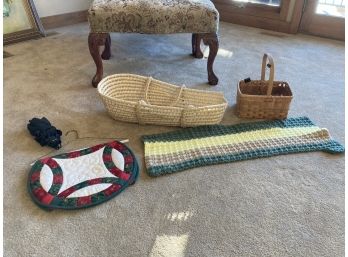 Hodgepodge Lot Two Wicker Baskets, Knitted Piece, Umbrella, And Christmas Themed Table Runner