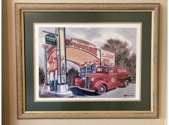 Artist Proof Illustration Of Vintage Gas Station Featuring Red Texaco Truck Titled 'Texaco Tanker'