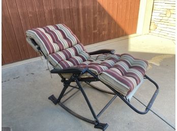 Reclining Rocking Outdoor Patio Chair With Burgundy And Cream Striped Pad