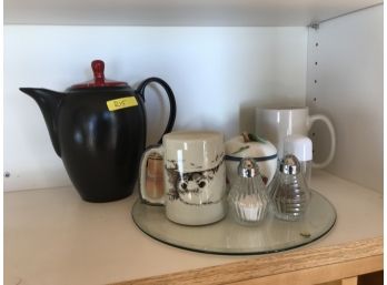 Black Ceramic Teapot, Salt And Pepper Shaker And Assorted Items