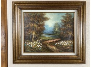 Vintage Framed Painting Of Walking Path With Flowers To The Lake In The Woods