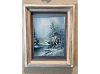 Beautiful Winter Scape Original Painting Of Snowy Cabin In The Trees In White Wood Frame