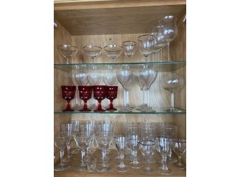 Large Assortment Of Fancy Glass Featuring Red Carnival Glass Set And Glass & Plastic Wine Glasses