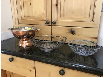 Two Wire Decorative Baskets And One Copper Kitchen Strainer