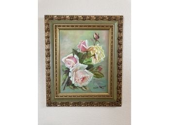 Vintage Painting Of Roses In Gold Gilded Frame