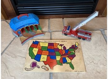 Assortment Of Kids Toys Featuring Wooden USA Map, Thomas The Train Depot, & 12 Inch Tall Firetruck