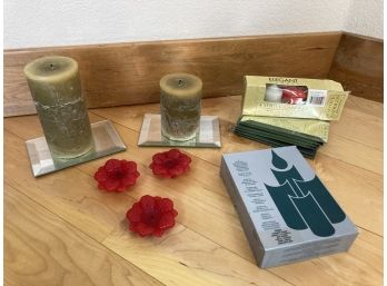 Set Of Two Green Candles And Nine Red Flower Candles
