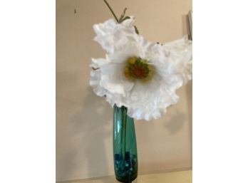 15 Inch Tall Green Glass Vase With Big White Faux Flowers