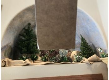 Faux Miniature Pine Trees And Outdoor Shelf Display With Burlap