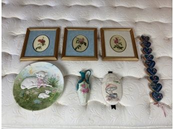 Assortment Of Wall Decorations Including Three Framed Rose Pictures, Lamb Plate, And More