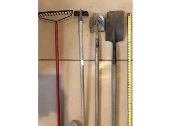 Garden Rake, Hoe, Small Round Shovel And Flat Sand Shovel