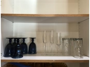 Assortment Of Glassware Featuring Pretty Dark Blue Pedestal Glasses