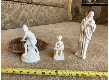 3 Religious Figurines Featuring Jesus The Good Shepherd, A Child Praying, And Fisher With Wooden Boat