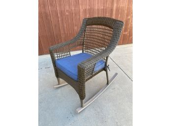 Comfy Hampton Bay Brand Brown Woven Outdoor Rocking Chair With Blue Pad