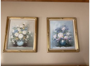 Two Large Paintings Of Flower Arrangements In Gold Frames