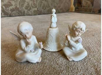 Two Angel Figurines And A Ceramic Lenox Brand Angel Themed Bell
