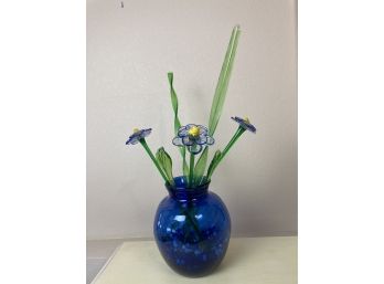 Big 2 Foot Tall Handmade Glass Flower Arrangement With 11 Inch Tall Blue Glass Vase