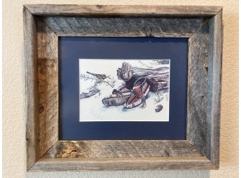 Beautiful Framed Watercolor Of Ornate Moccasins And Bird On A Twig