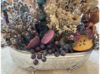 Big Faux And Dried Flowers And Faux Fruit In Metal Tub