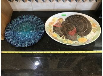 2 Decorative Platters, One With Thanksgiving/turkey Motif And One With Blue Geometric Pattern