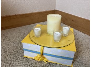 Candle Display On Round Glass With Yellow Book Styled Box