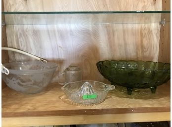 Collection Of Decorative Glassware Featuring Large Green Bowl, Glass Fruit Juicer, And More