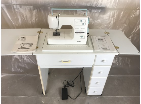 White Sewing Machine Cabinet With Drawers And Kenmore Sewing Machine , Drawer Full Of Sewing Materials