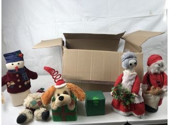 Adorable Lot Of Christmas Decorations Including Stuffed Animals, And Fake Plant Decorations