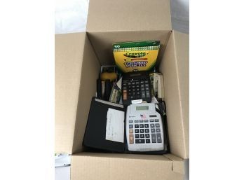 Useful Box Of Various Office Supplies Including Multiple Calculators And A Small Wooden Shelf