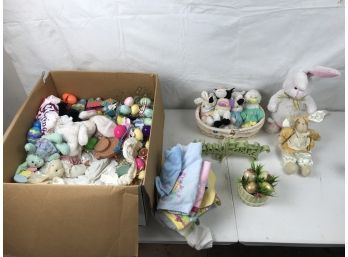 Box Of Miscellaneous Easter Decorations Including Easter Eggs, Porcelain Figures And Table Runner