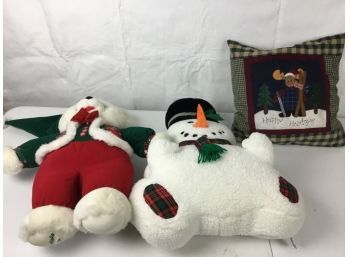 Two Cute Christmas Stuffed Animals And Happy Holidays Pillow