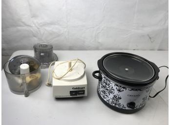 Crockpot With Decorative Black And White Design, And Cuisinart Food Processor