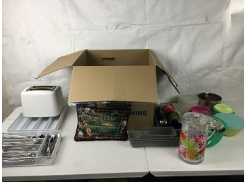 Box Of Miscellaneous Kitchen Items Including Tupperware Silverware And Toaster