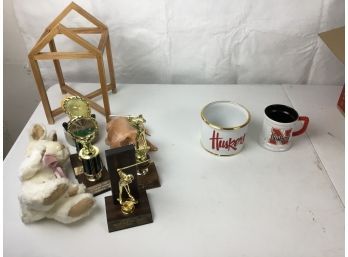 Box Including Various Trophies And Cute Porcelain Figures And Nebraska Mugs