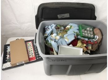 Large Storage Tote Containing Various Christmas Ornaments, Decorations, And TV Remote
