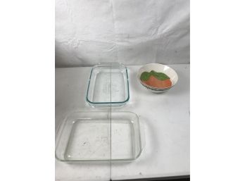 Pyrex Glass Casserole Dish, Christmas Bowl, Peach Fabric Insert
