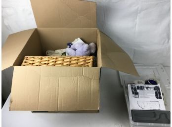 Miscellaneous Box Of Sewing Items And Fun Stuffed Animals