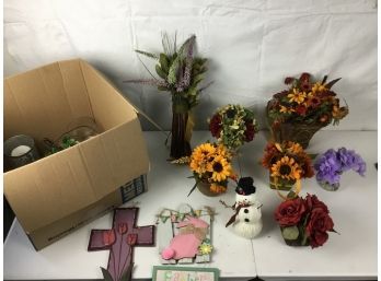 Box Of Various Cute Decorations Including Fake Flower Assortments, Easter Door Hanger, And Gift Bags